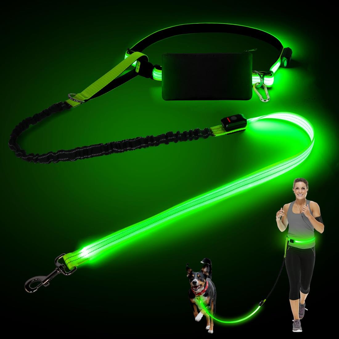 犬 リード 夜光LED犬用リード ウエストパック付きハンズフリー154-197cm伸縮リード、ウエストベルトと..
