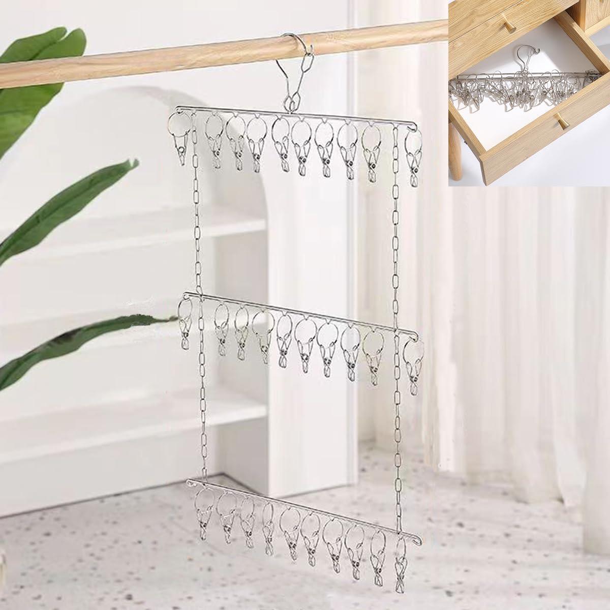 Feifyw ピンチハンガー 30ピンチ 物干しハンガー 洗濯ハンガー ハンガー ステンレスピンチハンガー ステンレスハンガー 強力収納 錆防止 靴下/タオル/ブラジャー/ネクタイなどの小物対応 物干し 収納便利 (ピンチハンガー3段)