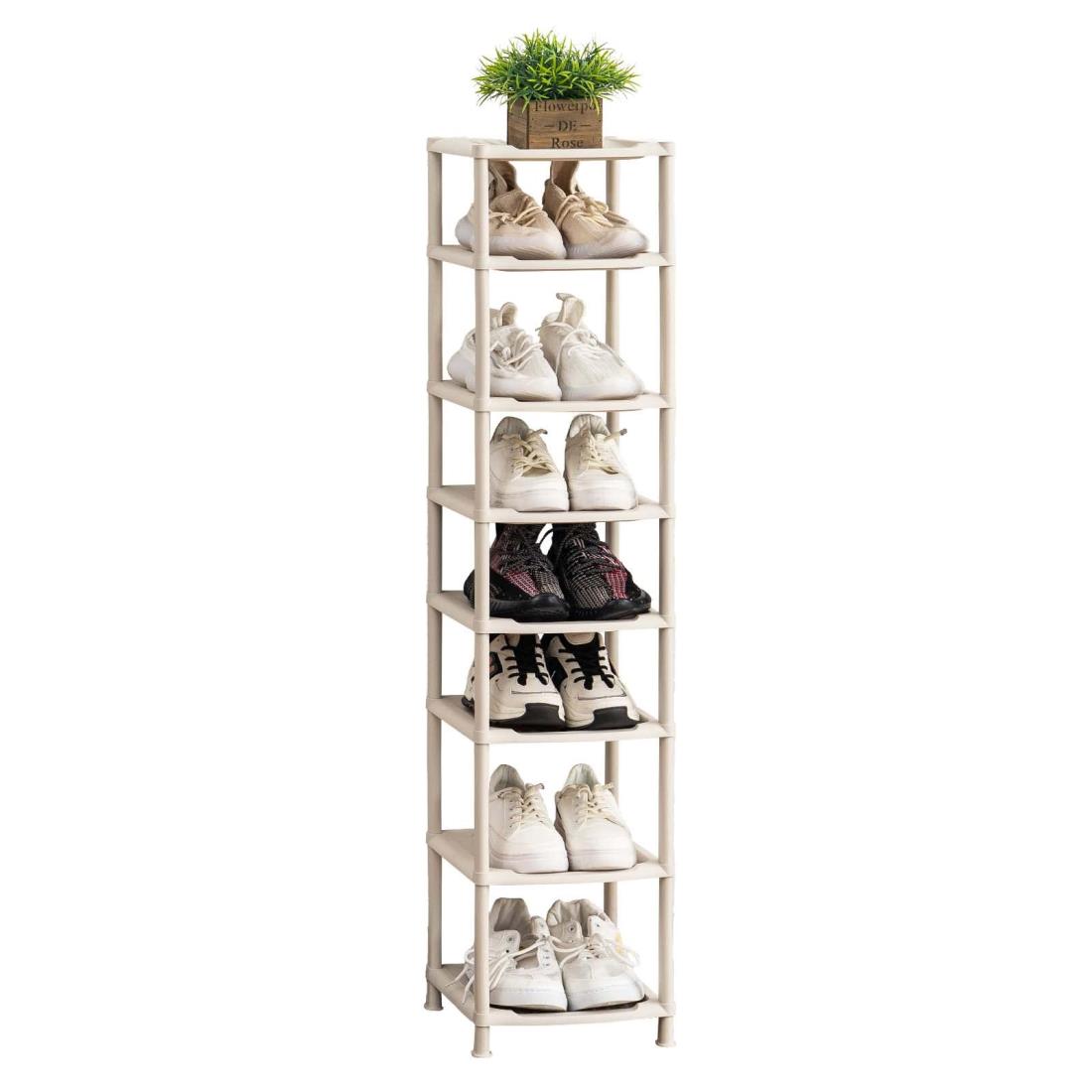 YOUDENOVA シューズラック スリム 靴収納 靴棚 省スペース 大容量 組み立て式 靴置き タワー コンパクト ポリプロピレン製 斜め置き 滑り止め トレー 狭い 玄関 廊下 クローゼット アパート用 靴箱 下駄箱 靴入れ(ベージュ・8段・26x33x112cm)