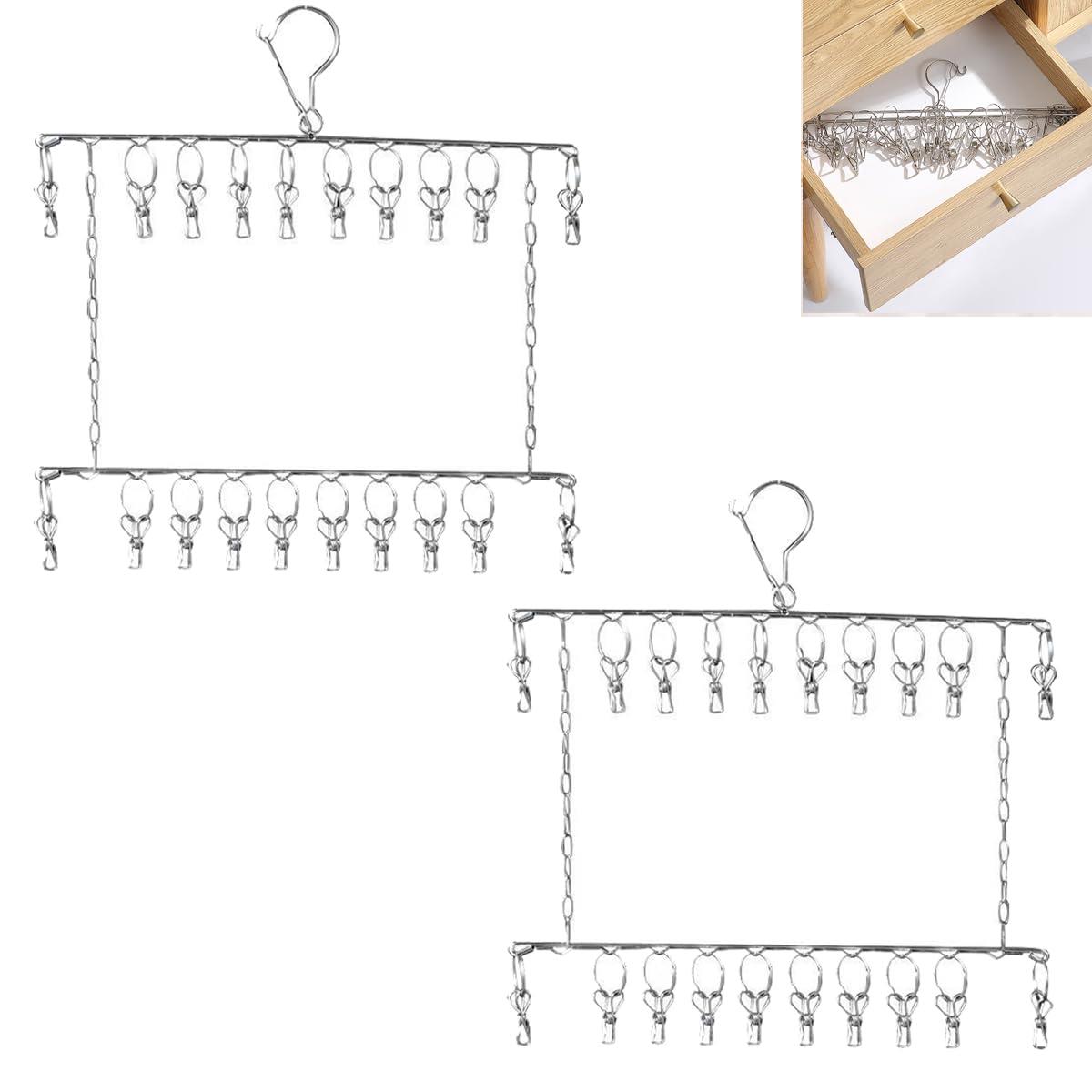 Feifyw【2枚組】 ピンチハンガー 20ピンチ 物干しハンガー 洗濯ハンガー ハンガー ステンレスピンチハンガー ステンレスハンガー 強力収納 錆防止 靴下/タオル/ブラジャー/ネクタイなどの小物対応 物干し (ピンチハンガー2段/2本セット)