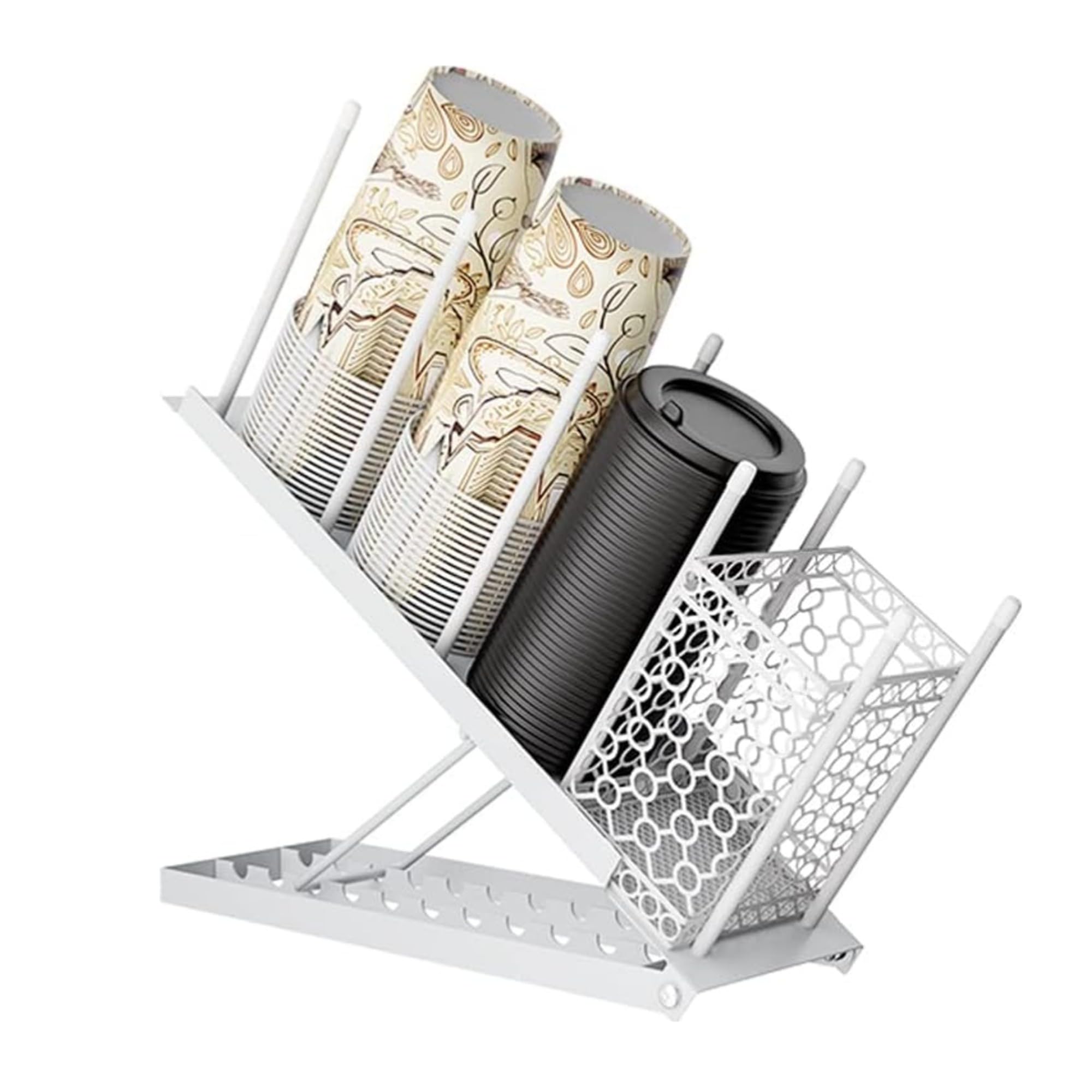 紙コップホルダー ディスペンサー カップスタンド コーヒーカップ 大容量 角度調節可 (ホワイト)