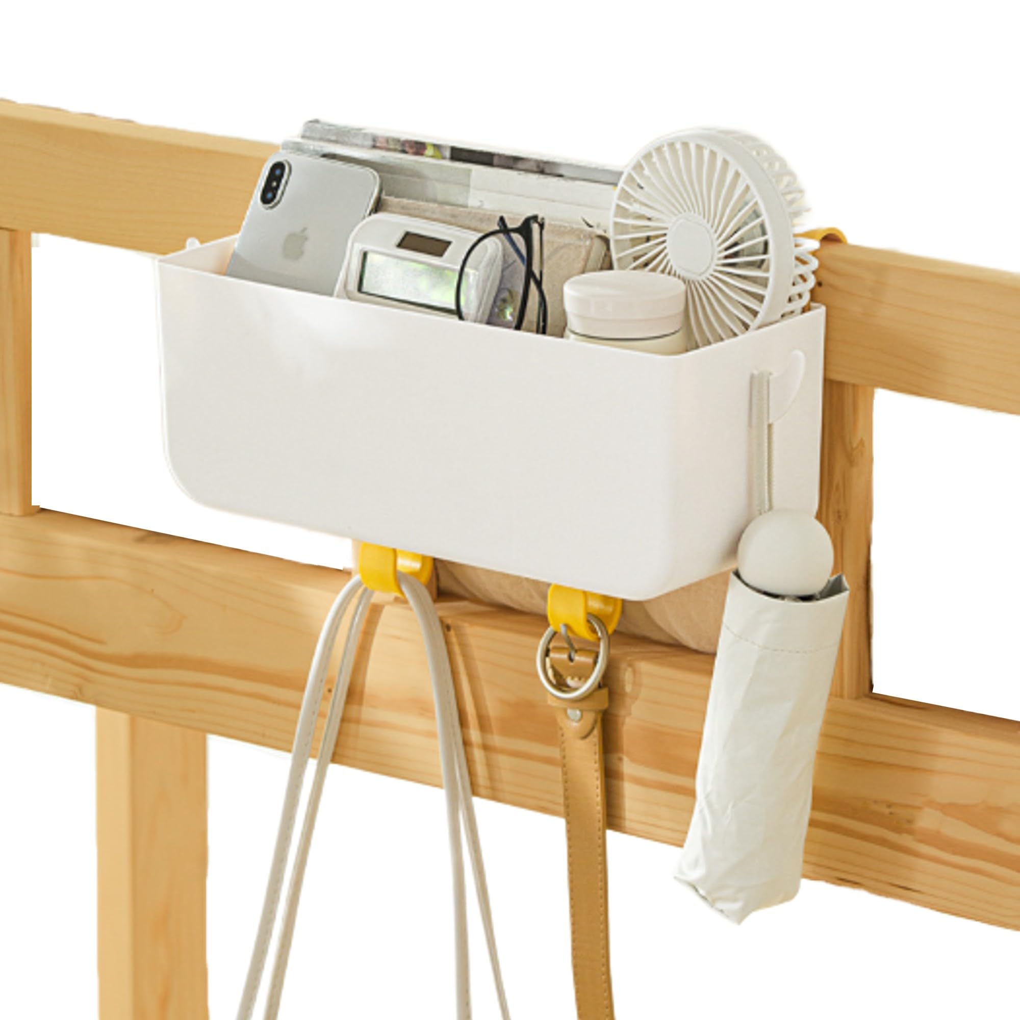 【ポイント5倍】ベッドサイド 収納 収納ボックス 小物入れ 吊り下げ式 フック付き スマホ 雑誌 ブック ティッシュ (ホワイト)