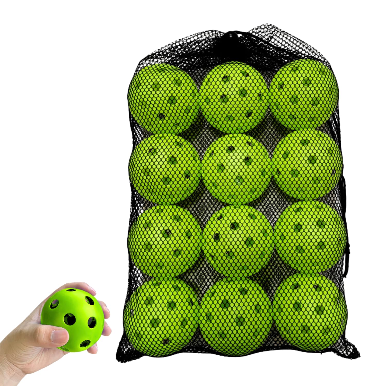 トレーニングボール 【スタンダードタイプ】 【12個セット】 PE素材 穴あきボール 野球 練習 バッティング 軽量 収納袋付 直径72mm ライトグリーン