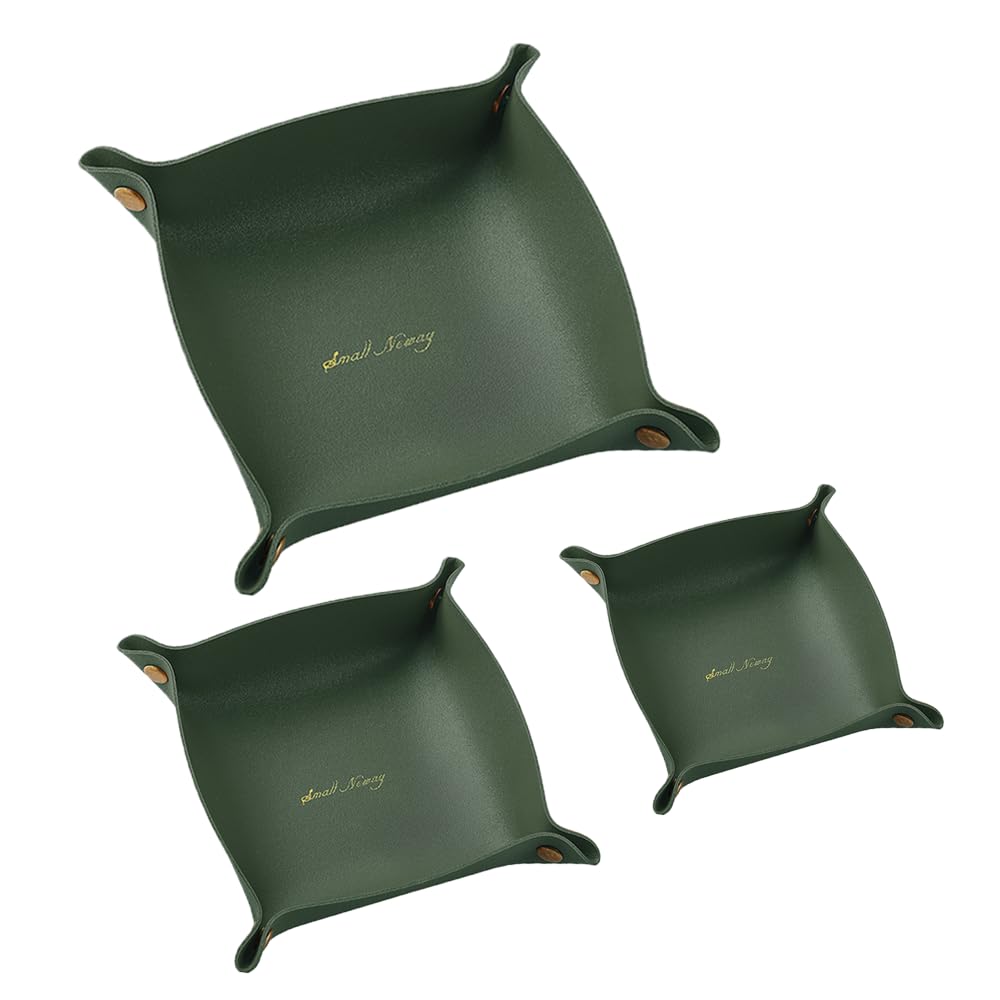 【レビュープレゼント】レザートレイ 小物入れ 卓上 収納 フェイク アクセサリー おしゃれ ボタン お手入れ 簡単 着脱式 耐久性 3点セット (グリーン)