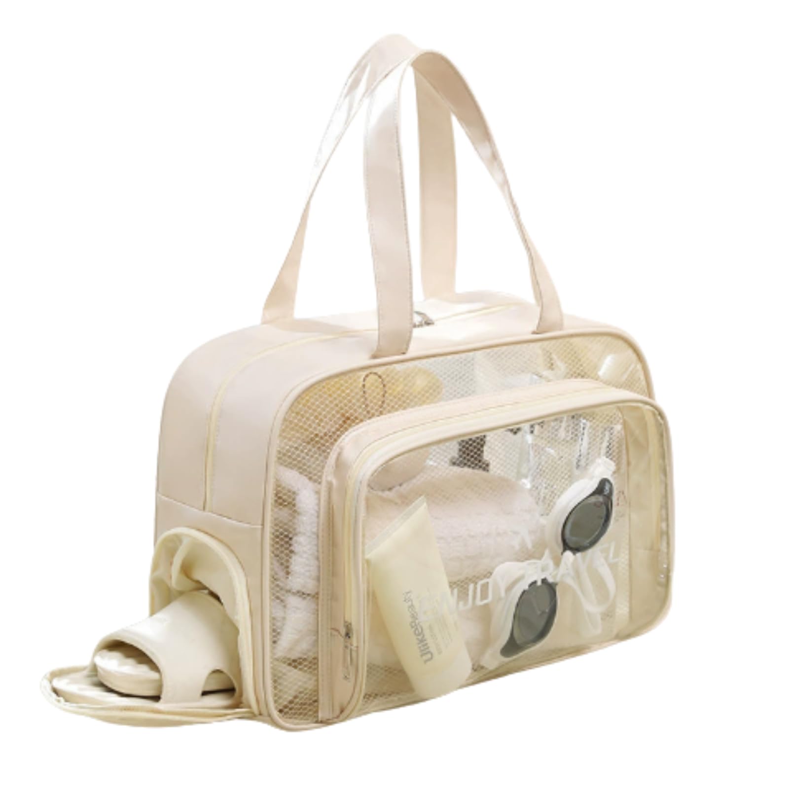 【ポイント5倍】透明バッグ 防水 乾湿分離 大容量 トラベルポーチ コスメ収納 プール フィットネス 大人向け 旅行用 (ベージュ)(4)