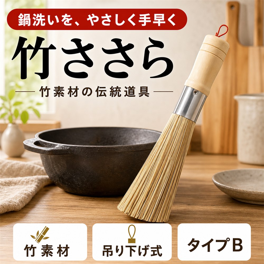 ■ 竹素材の伝統道具 鉄鍋やフライパンにやさしく、素材を傷つけにくいのが特長です。 天然素材ならではの使い心地で、油汚れもすっきりと落とせます。 このささらたわしは、昔ながらの製法を活かした一品です。 ■ 丈夫で衛生的 吊り下げ式の設計により、水切れがよく清潔な状態を保ちやすくなっています。 ステンレス部分は耐久性があり、繰り返しの使用にも強い構造です。 キッチンブラシとしても機能的で、毎日の鍋洗いに役立ちます。 ■ 調理道具を長持ち 鉄鍋用たわしとして、コーティングに頼らずしっかり洗えるため、鍋の寿命を伸ばせます。 洗鍋やフライパンのこびりつきも、水だけで落とせる強さがあります。 ブラシとしての機能性と、使いやすい形状を兼ね備えています。 ■ 商品内容 竹ササラ サイズ:画像参照 材質:竹材 ■ 安心の30日保証&オリジナルパッケージ付 lifactlab.ブランドより、オリジナルパッケージで迅速にお客様の元へお届けいたします。また本製品は購入から30日間の返品保証付きとなります。商標登録第6473556号 ※一部商品の商品仕様欄に記載されている「代表カラー」は実物と異なる場合があります。特に「マルチカラー」になっているものは異なる場合が多いため画像や商品名等でご確認ください。10