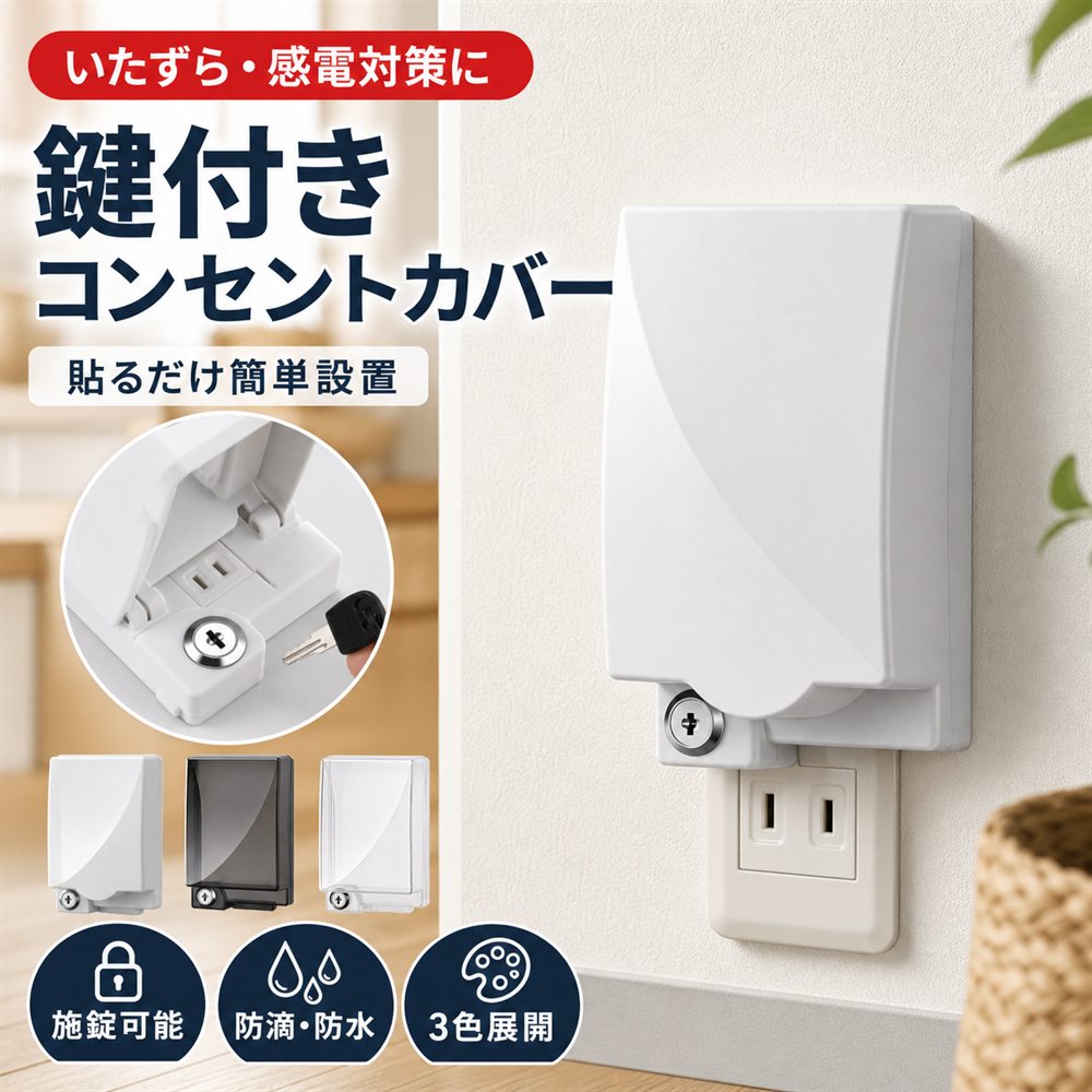 ■ 赤ちゃんやペットのいたずらからコンセントをガードコンセントをしっかりカバーする構造で、赤ちゃんやペットのいたずらによる感電リスクを未然に防ぐ鍵付きコンセントカバーです。小さなお子さまや好奇心旺盛なペットがいるご家庭に配慮した設計で、事故のリスクを未然に防ぐ対策として活躍します。従来のコンセントカバーでは、赤ちゃんやペットがカバーを簡単に開けてしまうという課題がありましたが、本製品は施錠できる仕様でフタをしっかり固定できるため、いたずらによる開閉を防ぎたい方にぴったりのアイテムです。 ■ 電気火災・トラッキング現象を予防するカバー構造フタ付きの設計で、ほこりの侵入をブロック。長期間使用によるコンセントの劣化やトラッキング現象のリスクを抑え、電気火災の予防にもつながります。見た目はスッキリ、お部屋に溶け込むホワイト・クリア・クリアブラックの3種類をラインナップしています。 ■ 防滴・防水仕様でキッチンや洗面所にも対応リビングや子供部屋にはもちろんのこと、防滴性と防水性を備えたカバーなので、キッチンや洗面台、トイレなどの水回りにも適応。水しぶきや湿気からコンセントを守り、トラブルを未然に防ぎます。屋外やベランダのコンセントにも活用可能。 ■ 粘着テープで取り付け簡単電気工事不要で設置できる後付けタイプ。粘着テープによる取付のため、賃貸住宅でも導入しやすく、壁に穴を開けたくない方にもおすすめです。カバーの厚みは4.2cm・7.5cm・8.5cmを取り揃えていますので、ご使用のプラグや延長コードに合わせてお選びください。一般的な2口コンセントに対応します。※商品の内寸（約）は幅8.8cm×長さ12.0cmです。ご自宅のコンセントカバーサイズに適合するかどうかを予めご確認下さい。※プラグのコードは下向きのものをご使用ください。 ■ 特徴比較このコンセントカバーは、両面テープで簡単に取り付けられるため、他の製品と比べて設置が手軽です。また、好奇心の強いペットやお子さまがカバーを開けてしまうのを防ぐために、付属の鍵で施錠が可能です。 ※一部商品の商品仕様欄に記載されている「代表カラー」は実物と異なる場合があります。特に「マルチカラー」になっているものは異なる場合が多いため画像や商品名等でご確認ください。