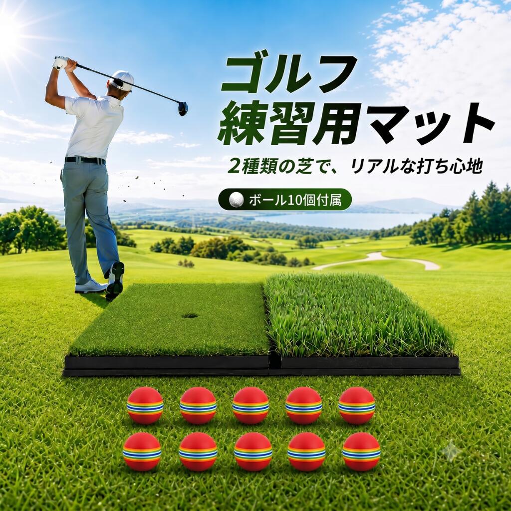 ■ 自宅で本格ゴルフ練習場所を取らないコンパクトサイズで、室内や庭先、ベランダなどどこでも手軽にアプローチやスイングの練習が可能です。 リアルな芝の感覚を再現: 表面には高品質な人工芝を採用し、実際のコースに近い打ち心地を実現。 ダフりやトップの確認などより実践的な練習をサポートします。 ■ 優れた安定感と耐久性底面にはクッション性と滑り止め効果の高い厚手のEVA素材を使用。フルスイングでもマットがズレにくく、床への衝撃や騒音も軽減します。 ■ 持ち運びと収納が簡単重量約2kgと軽量設計で、使わない時は省スペースに収納可能。車に積んで屋外の練習場や広場への持ち運びも手軽に行えます。 ■ あらゆるレベルのゴルファーに打点の確認やアプローチの精度向上など、初心者から上級者まで幅広く用途に合わせて活用でき、毎日のスコアアップに向けた練習に最適です。 ■ 製品仕様材質：表面/人工芝、底面/EVA素材 サイズ：画像参照　 用途：ゴルフのスイング練習、アプローチ練習、パッティング練習、素振り（室内・屋外・自宅・庭・オフィスなど幅広い環境に対応） ※一部商品の商品仕様欄に記載されている「代表カラー」は実物と異なる場合があります。特に「マルチカラー」になっているものは異なる場合が多いため画像や商品名等でご確認ください。