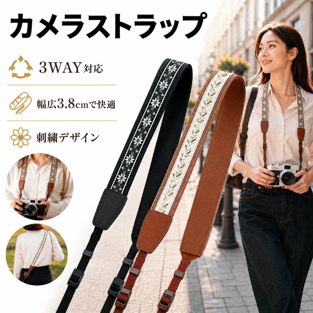 樂天商城 - 【マラソン期間中P5倍＋レビュープレゼント】[AZNABLE] 【首や肩の負担を抑えて快適】 カメラストラップ 幅広 刺繍 コットン 3WAY 調節可能 旅行 日常撮影向け