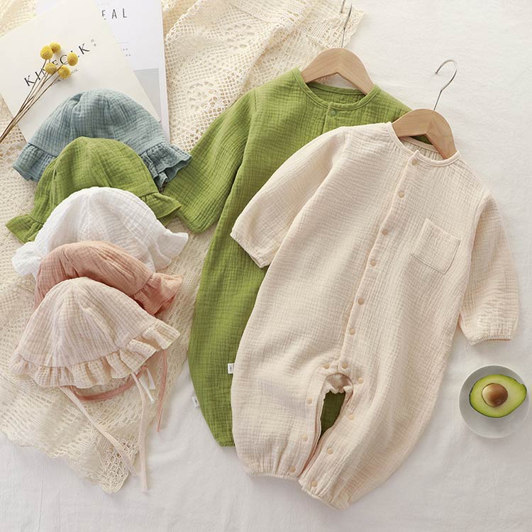 AZONSHOPのロンパース 2点セット 綿 長袖 80 ダブルガーゼ コットン 女の子 帽子付き ベビー服 男の子 カバーオール 前開き 66 赤ちゃん 新生児服 子供服 北欧 70 ロンパース 90 100 出産祝い ロンパース 春物 夏物 春夏 部屋着｜アングル3