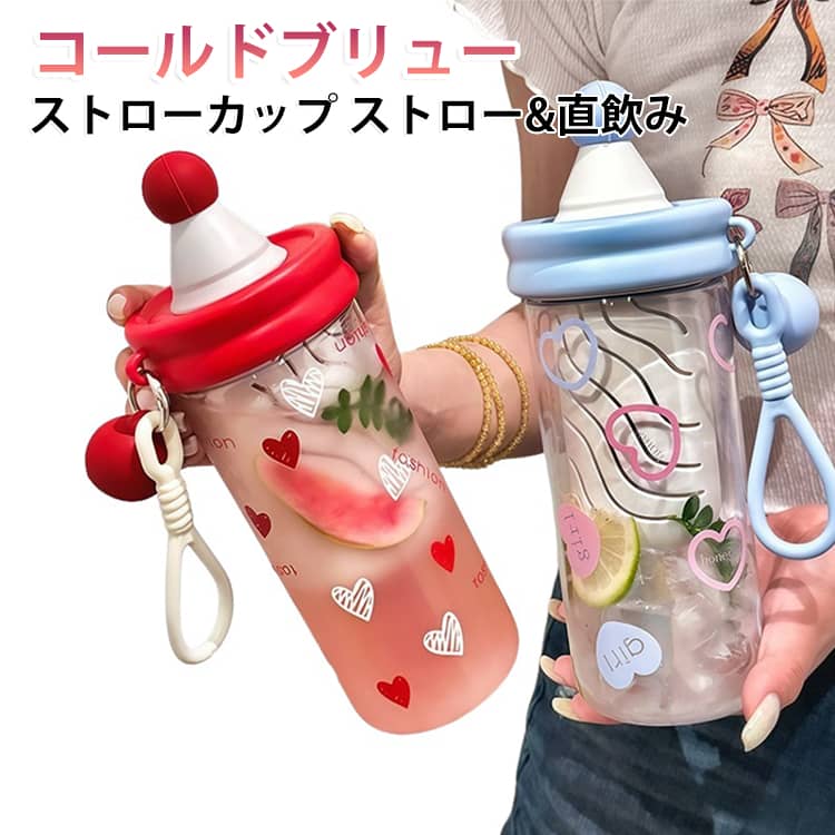 かわいいデザインと実用性を兼ね備えた、650mlのストロー付きウォーターボトルです。透明感のあるボトルに、やさしいパステルカラーのフタとストローを合わせた、毎日持ち歩きたくなるおしゃれなデザインです。﻿茶こし付きタイプなので、お茶、花茶、フルーツティー、レモン水、麦茶、アイスティーなどを手軽に楽しめます。茶葉や果物を分けやすく、すっきり飲みやすい茶水分離仕様。暑い季節のコールドドリンクや、ジム・学校・オフィスでの水分補給にもぴったりです。﻿飲みやすいストロー付きで、歩きながらでもサッと水分補給しやすい設計。持ち手やチャーム付きで携帯しやすく、通勤、通学、スポーツ、アウトドア、旅行、ピクニックなど幅広いシーンで活躍します。﻿容量はたっぷり650ml。こまめに水を足す手間を減らし、1日のお出かけにも便利です。食品グレードのTritan素材を採用し、軽量で割れにくく、ニオイ移りしにくいのも魅力。BPAフリーなので毎日安心してご使用いただけます。 サイズ 650ml サイズについての説明 サイズ：18.7*7.5cm 容量650ml※サイズ計測には誤差が生じます。 素材 tritan PP シリコン 色 レッド ブルー 備考 ●サイズ詳細等の測り方はスタッフ間で統一、徹底はしておりますが、実寸は商品によって若干の誤差(1cm～3cm )がある場合がございますので、予めご了承ください。 ●製造ロットにより、細部形状の違いや、同色でも色味に多少の誤差が生じます。 ●パッケージは改良のため予告なく仕様を変更する場合があります。 ▼商品の色は、撮影時の光や、お客様のモニターの色具合などにより、実際の商品と異なる場合がございます。あらかじめ、ご了承ください。 ▼生地の特性上、やや匂いが強く感じられるものもございます。数日のご使用や陰干しなどで気になる匂いはほとんど感じられなくなります。 ▼同じ商品でも生産時期により形やサイズ、カラーに多少の誤差が生じる場合もございます。 ▼他店舗でも在庫を共有して販売をしている為、受注後欠品となる場合もございます。予め、ご了承お願い申し上げます。 ▼出荷前に全て検品を行っておりますが、万が一商品に不具合があった場合は、お問い合わせフォームまたはメールよりご連絡頂けます様お願い申し上げます。速やかに対応致しますのでご安心ください。