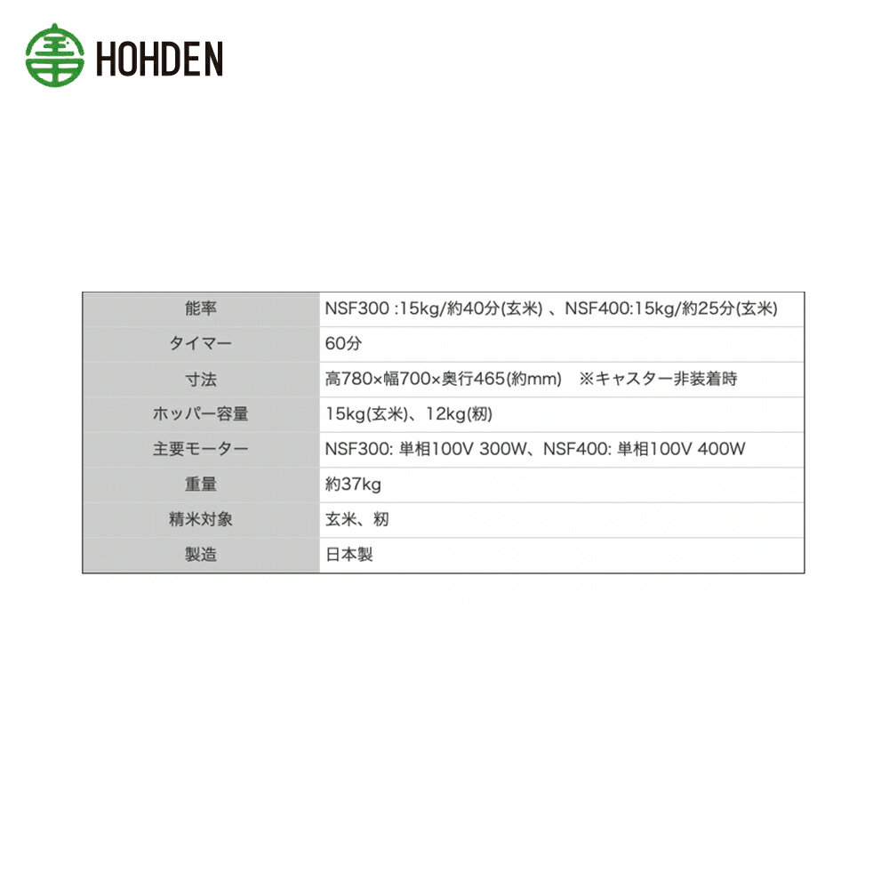 宝田工業｜HODEN 循環式精米機 15kgタイプ NSF300 ホッパー容量：15kg(玄米)、12kg(籾) 単相100V300W｜法人・農園様限定