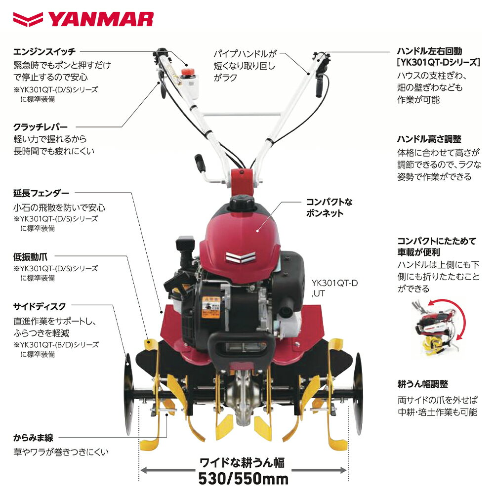 ヤンマー｜YANMAR ミニ耕運機 耕うん機 管理機 車軸タイプ 標準仕様 畑の広さ～50坪 YK301QTシリーズ YK301QT,I｜法人様限定 3