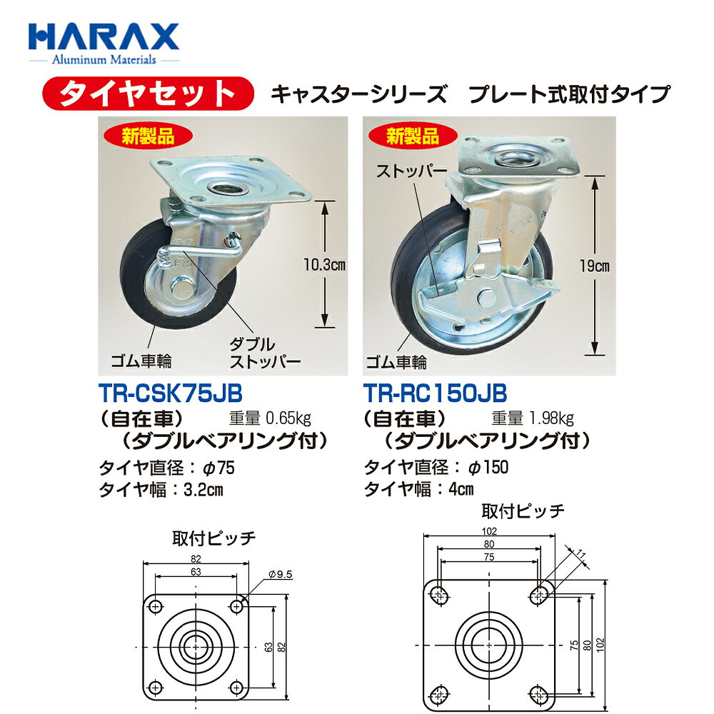 最大100%ポイントバック 確率2分の1！条件達成でチャンス最大5倍！要エントリー！ハラックス HARAX タイヤセット キャスターシリーズ プレート式取付タイプ 自在 ダブルベアリング・ストッパー付 直径15cm 幅4cm TR-RC150JB