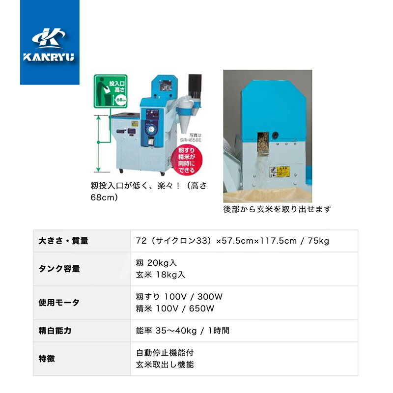 AZTEC 楽天市場店の!!エントリーで最大100%ポイントバック!! カンリウ工業 籾すり精米機 SRH658E タンク容量：籾 20kg入 玄米 18kg入｜アングル2