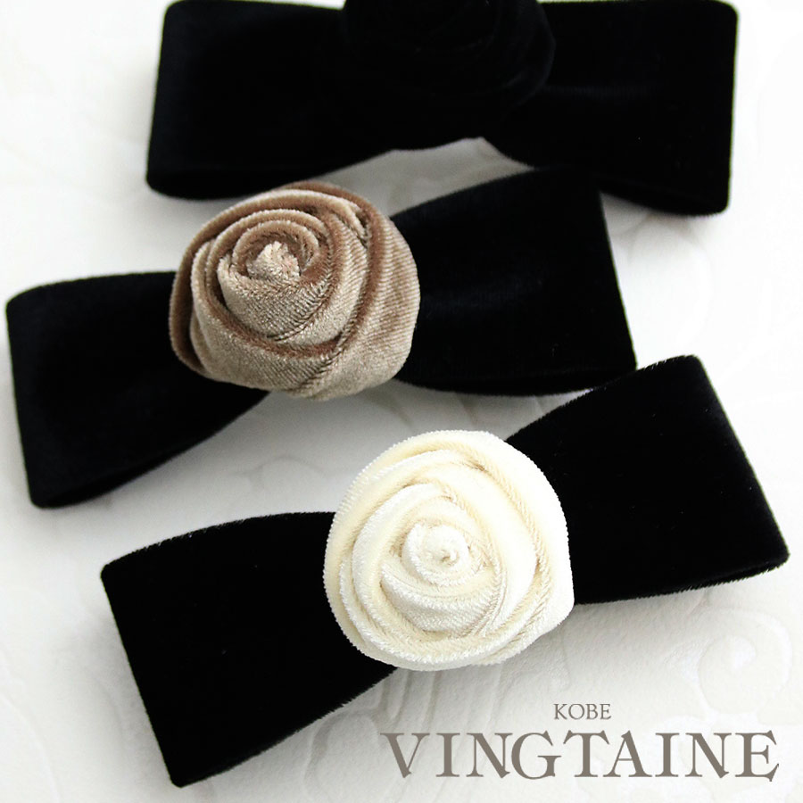 ★ネコポス送料無料★バレッタ ヘアクリップ ローズ 薔薇 バラ リボン ベロア お花 まとめ髪 ヘアアクセサリー 可愛い 上品 ギフト プレゼント H7752【...