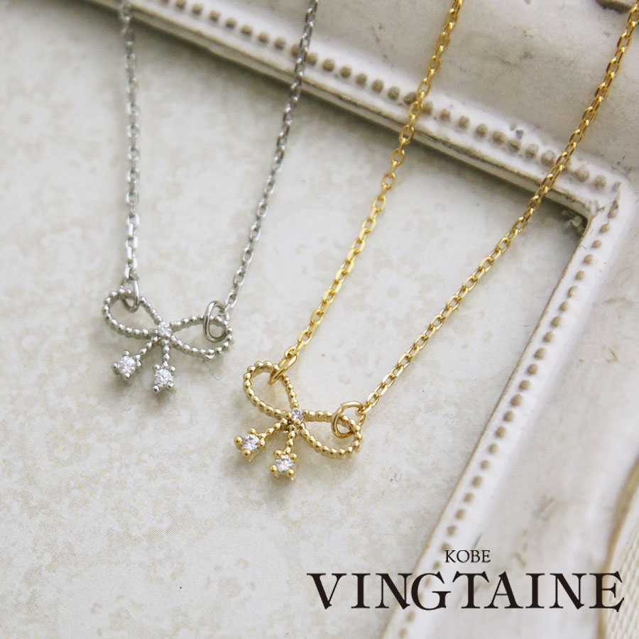 ◆SALE◆ネックレス リボン キュービックジルコニア 華奢 ミニ プチ アクセサリー 大人可愛い お洒落 上品 シンプル C3346