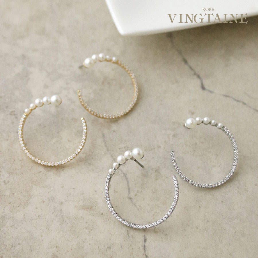 ピアス カーブ パール付き ラインストーン アクセサリー シンプル 可愛い ギフト プレゼント P5281のサムネイル