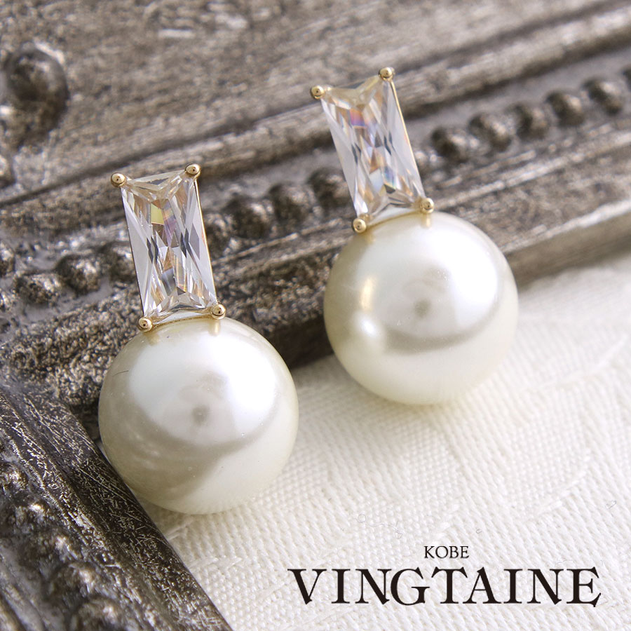 ストーン×パールピアス イヤリング キュービックジルコニア CZ ステンレスポスト レディース 大人っぽ..