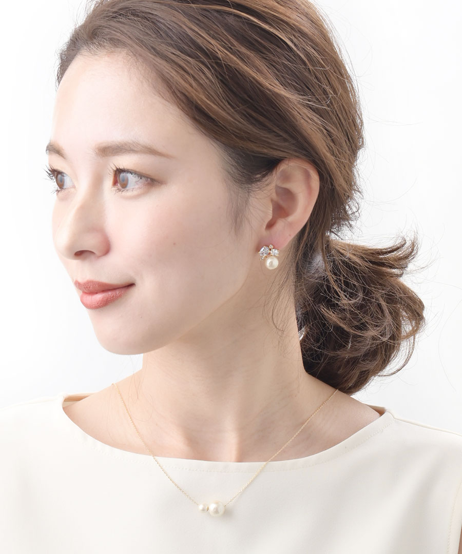 コットンパールビジューピアス イヤリング ネジバネ式 スクリュー キュービックジ...