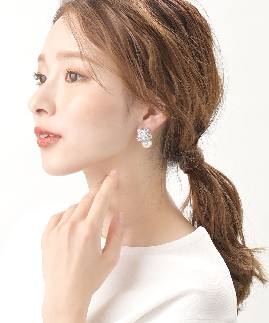 ビジュー×大粒パールピアス 結晶 キュービックジルコニア　大人っぽい　結婚式　パ...