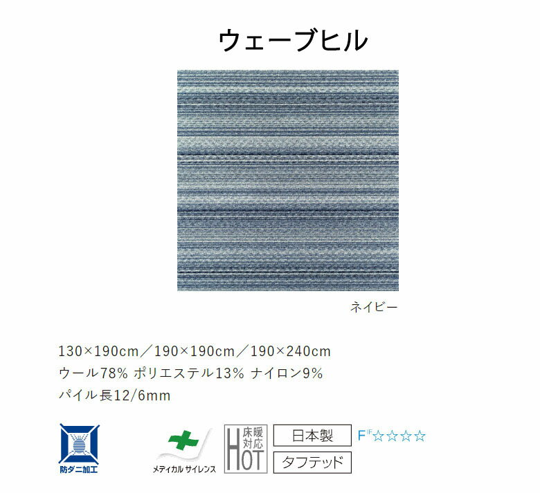 ラグ 190×240 ウェーブヒル ラスティック 防ダニ 遊び毛防止 滑り止め 3畳 日本製 国産 スミノエ HOME ウール ネイビー グレー
