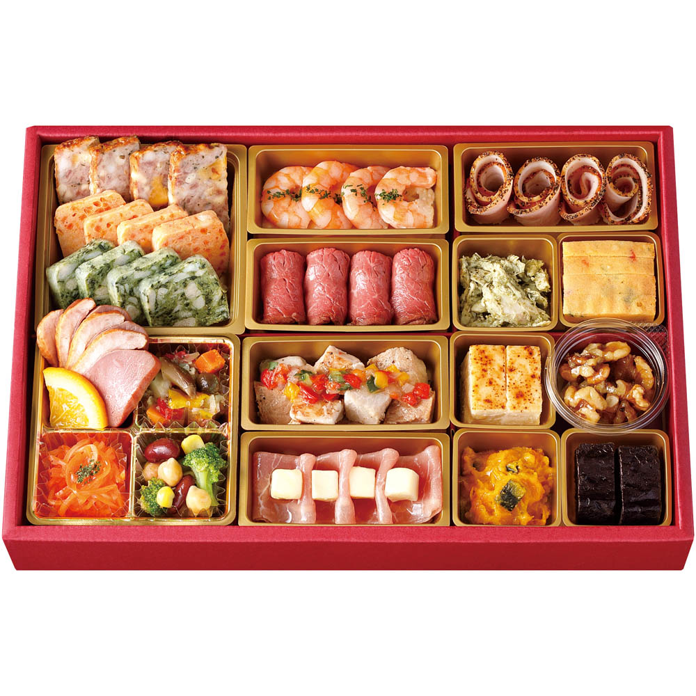 1925年に東京・銀座に創業した老舗洋食レストラン「ローマイヤ」。レストランのシェフが監修した洋風料理を彩りよく盛り付けたオードブルです。【数量限定】 セット内容一段重、お重サイズ(外寸):縦214mm×横316mm×高さ48mm(内寸(1段)47mm）、(21品目)、(約4人前)【一の重】ミートローフバジル&チーズ、鶏肉と人参のテリーヌ、鶏肉とほうれん草のテリーヌ、カクテルシュリンプ、ポテトサラダ、パストラミポーク、ローストビーフ（ローストビーフソース付）、蒸し鶏のバジル和え、スペイン風オムレツ、合鴨スモーク、オレンジ、きのこと野菜のマリネ、キャロットラペ、ブロッコリーの彩りレモンサラダ、ローストポーク（カラフルマリネ添え）、チーズケーキブリュレ、メープルくるみ、生ハム(ロース)、キューブチーズ、コールスローサラダ(キャベツ&コーン)、かぼちゃのサラダ、ショコラテリーヌ サイズ（縦x横x高さ）220x325x55 重量(g)984 配達区分冷凍 賞味期限2027/1/15 お届け日12/29または12/30 宅配業者ヤマト便 配送地域一部配送不可地域あり 食品アレルギー(全項目)乳,小麦,卵,えび,くるみ,オレンジ,牛肉,さけ,大豆,鶏肉,豚肉,りんご,ゼラチン,ごま