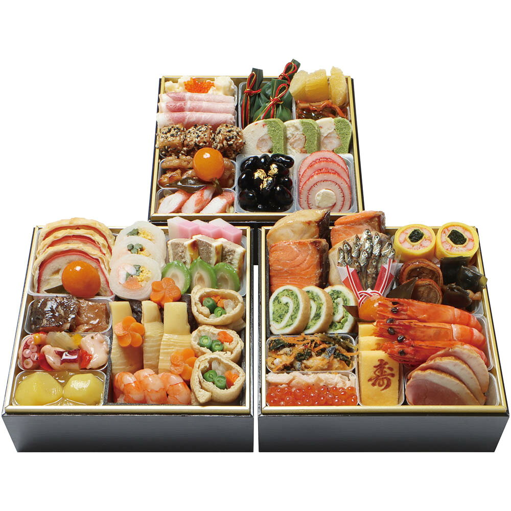 京都の料亭「わらびの里」が贈る彩り良い三段重です。焼魚や出汁を利かせた炊き物に加え、京都らしい食材を丁寧に盛り付けております。寿の文字の入った玉子や梅の形の人参、金粉を塗した黒豆など見た目にも華やかに仕上げました。【数量限定】 セット内容三段重、お重サイズ(外寸):縦165mm×横165mm×高さ175mm(内寸(1段)35mm)、(42品目)、(約3人前)【一の重】鰆柚庵焼、鮭柚庵焼、田作り照煮、なごみ巻、葉付金柑甘露煮、京なます、花巻蒲鉾、穴子八幡巻、一口にしん昆布巻、にしん彩り親子和え、寿厚焼き玉子、海老艶煮、合鴨ロース、チキンマリネ、いくら 【二の重】りんごと豆腐のパイ包み、葉付金柑甘露煮、切干し柚子、五色砧巻、紅白蒲鉾、博多焼チーズ、若桃甘煮、棒鱈旨煮、椎茸旨煮、捻り梅人参、三色信田巻、穂付筍土佐煮、海老沢煮、蛸バジルソース、栗きんとん 【三の重】北欧サラダ、とび子、笹よもぎ餅、松前漬、祝い数の子、ロースハム、胡麻ポテ、海老とアスパラのテリーヌ、胡桃キャラメリーゼ、葉付金柑甘露煮、福豆葡萄煮(金箔)、チーズオードブル、香り蒲鉾、くらげ酢 サイズ（縦x横x高さ）254x183x213 重量(g)2000 配達区分冷凍 賞味期限2027/1/15 お届け日12/29または12/30 宅配業者ヤマト便 配送地域一部配送不可地域あり 食品アレルギー(全項目)乳,小麦,卵,えび,かに,くるみ,いか,いくら,さけ,大豆,鶏肉,豚肉,もも,やまいも,りんご,ゼラチン,ごま,アーモンド