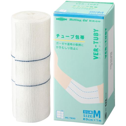 【商品仕様】 ■型番:MC-TB90 ■サイズ:M(ひじ用) 9cm(プラスマイナス1cm)x1m ■色:白 ■内容量:1巻 ■材質:セルロース繊維、レーヨン、ナイロン ■原産国:インド 【チューブ包帯】ついついかきむしってしまうそのお肌に、チューブ状の包帯を巻いて肌をやさしく保護します。医療用ガーゼやシップの保持にも。必要な長さにカットして使用できます。使い切りやすい短めサイズ。 【程よくフィット】すぐれた伸縮性により関節部なども程よくフィットします。Mサイズ(ひじ用)は肘だけでなく腕・足・膝・足首にもご使用いただけます。 【柔らかな肌触り】柔らかな肌触りで肌や衣服への違和感が少なく、快適にお使いいただけます。 【安心の個包装】袋に包装されているので清潔感があり安心してご使用いただけます。手でやさしく洗って再使用できます。
