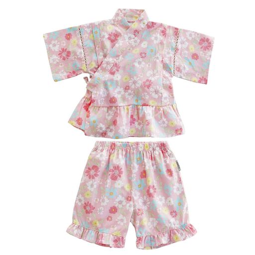 [SEIWARAKU] ベビー 甚平 子供 上下組セット 和柄 フリル ベビー服 女の子 じんべい 花火大会 夏祭り お盆休み 夏休み セットアップ 涼しい 部屋着 パジャマ HF243 (ピンク, 110)