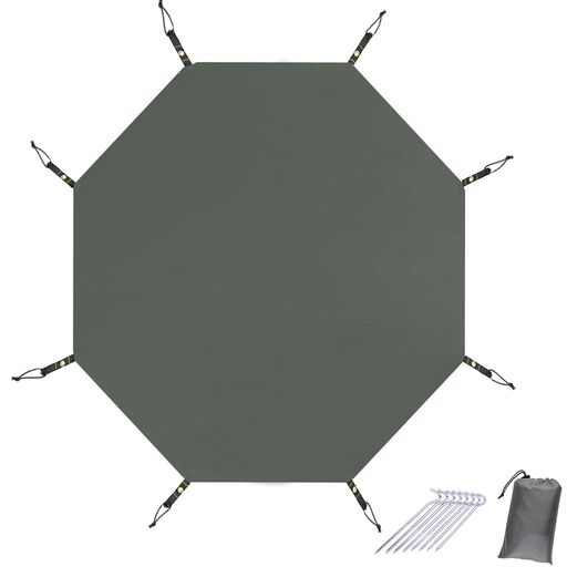 【製品仕様】八角グランドシートのサイズ:385x350cm;385x385cm;ペグ8本と収納袋つきです。折りたためばコンパクトに収納できます。八角形のグランドシートはワンポールテントにぴったりの形状です 【210Dオックスフォード生地】厚手のオックスフォード生地を採用しており、優れた耐摩耗性があり、頑丈で引裂抵抗力あり、長年の使用でも摩耗しにくく、耐久性も優れます。各角に金属ハトメがあり、弾力性あるゴム紐もつき、簡単に設置することができます。 【湿気や浸水を防ぐ】両面の撥水加工を採用し、耐水圧3000mmのPUコーティングを施して、地面からの湿気や浸水を防げるので、テント内で快適に過ごせます。テントシートの縫い目にシールテープ防水加工を施し、雨のキャンプでもテント底面が濡れるのを防いでくれます。 【テントの底面を保護】グランドシートを敷くとテントの底が傷つくのを防ぐことができます。汚れや水ぬれ防止にも役立ちます。折りたためばコンパクトに収納でき、省スペースで軽量で携帯しやすい。 【多用途】テント(八角タイプ)のグランドシートとしても使えますし、各角にハトメがあるのでヘキサタープとしても活用できます。