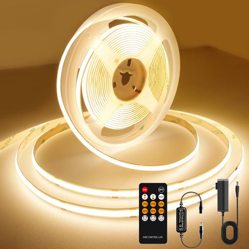 AXMOTUT COB LEDテープライト5m 24V 電球色 3000K 高輝度 調光可能 高密度 フレキシブル LEDテープライト 付きRF リモートおよび PSE認証電源 切断可能 取付簡単 工具不要 非防水 店舗 室内 ホーム装… azushopping-10036859 AZUshopping パッケージ画像
