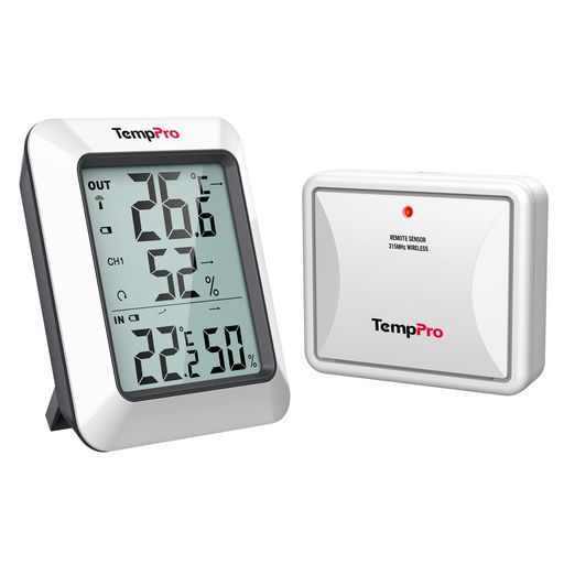 TempPro デジタル温湿度計 ワイヤレス 最高最低記録 見やすい 大画面 高精度 置き掛け両用 単4形電池付 室内・室外用 温度計湿度計