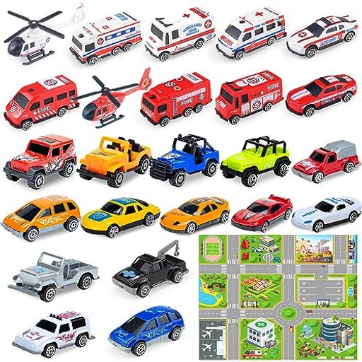 [超豊富なおもちゃセット】合計24点のミニカー セットなので、種類が豊富で魅力です!カラフルだから、男の子だけでなく、女の子も楽しめます。(画像のサイズ表記にご注意願います。本製品はミニカーのセットで、車両の長さは約6-7cm、ヘリコプターの長さは9cmです)。 【兄弟や友達と遊べる:】遊ぶ時に、「何のタイプの車が欲しい?」「何処へ行きたい?」といったように、相手の気持ちや好き嫌いに気を配りながら、自分が用意するという思いやりの気持ちが育ちます。子供の社会性とコミュニケーションを促進するには役立ちます 【色んな場所で遊べる便利さ】室外・室内、御子供と一緒に楽しい遊びます。電力なしだから、車好きが風呂場まで連れても大丈夫です。お風呂遊びを充分楽しめます。お得なセットだから学校や病院で子供を喜ばせるし、子供部屋のインテリアトイとしてもおすすめです 【体幹トレーニング】遊びの中で、手先の器用さ、集中力、記憶力が鍛えます。遊びながら想像力をたくさん膨らませ、指先を使って遊ぶことで脳にいい刺激を与える知育玩具です 【安心安全】電池いらない手で動かす車おもちゃ(手転がしで進む)。