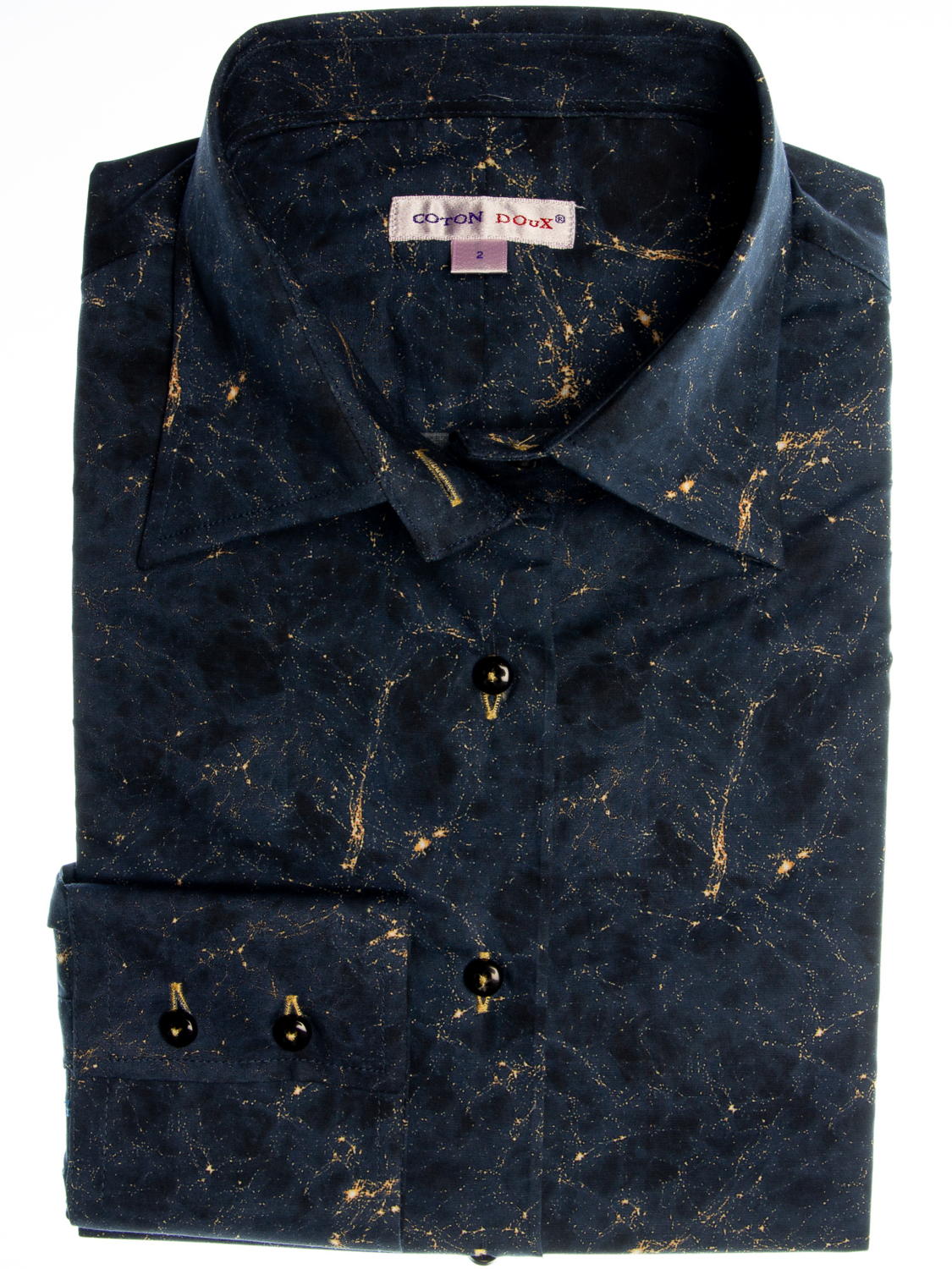 Coton Doux ブランド シャツ 柄シャツ レディース 長袖 ストレッチ おしゃれ ブラウス オフィス フランス イタリア カジュアルシャツ 婦人 柄物 派手 総柄 デザインシャツ 大人 きれいめ 黒 ブラック ダーク ブルー プリント お洒落 コットン 綿 コトンドゥ l51ad2880