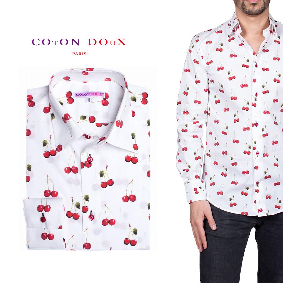 花柄 メンズ 【秋のお出掛けに】フランス ポプリンシャツ 柄シャツ 長袖 カジュアルシャツ 大人 派手 チェリー柄 さくらんぼ柄 果物柄 ギフト プレゼント パ...