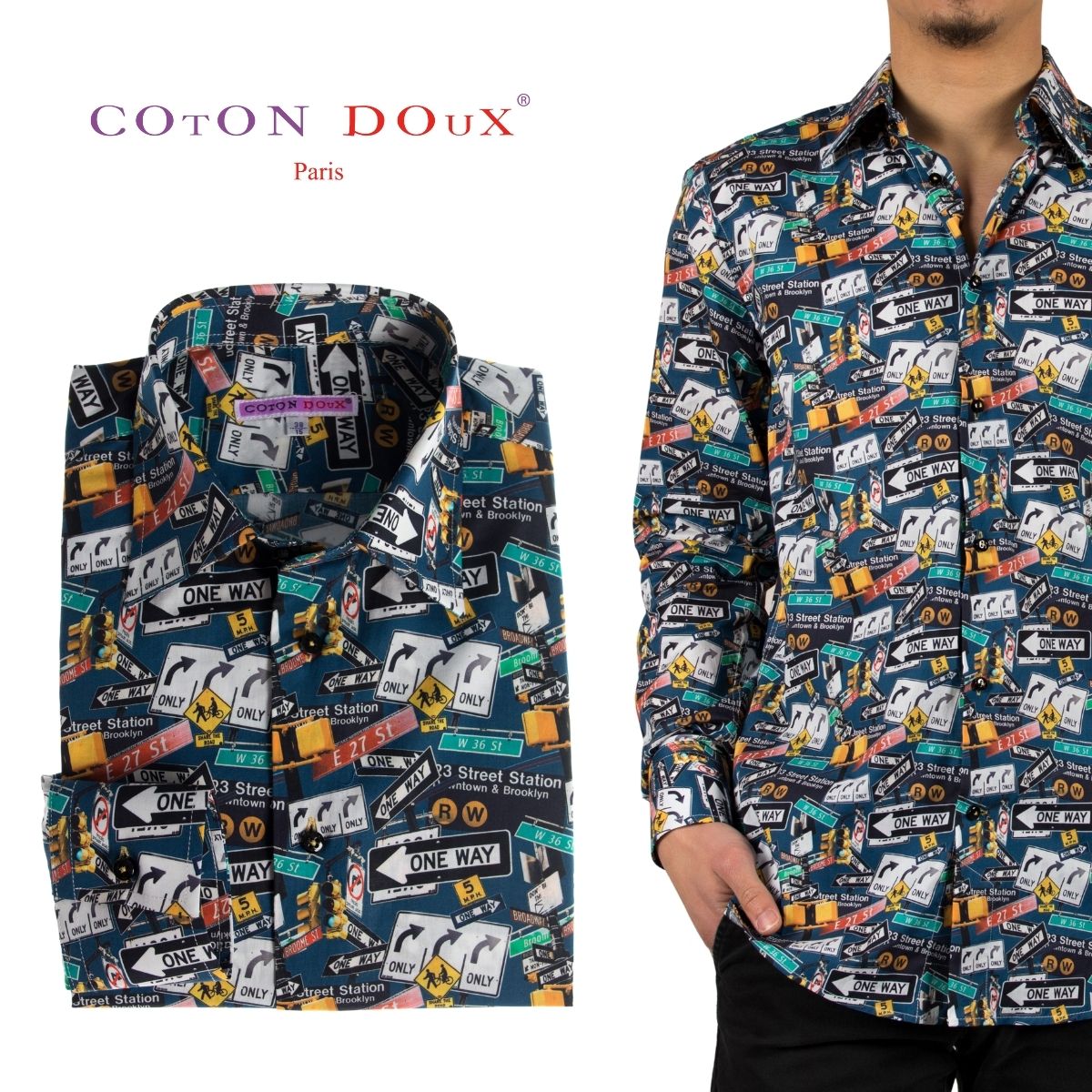 メンズ シャツ 長袖 道路標識 【秋のお出掛けに】フランス ポプリンシャツ 柄シャツ 大人 きれいめ セレブ レトロ プリント 総柄 カラフル デザインシャツ ...