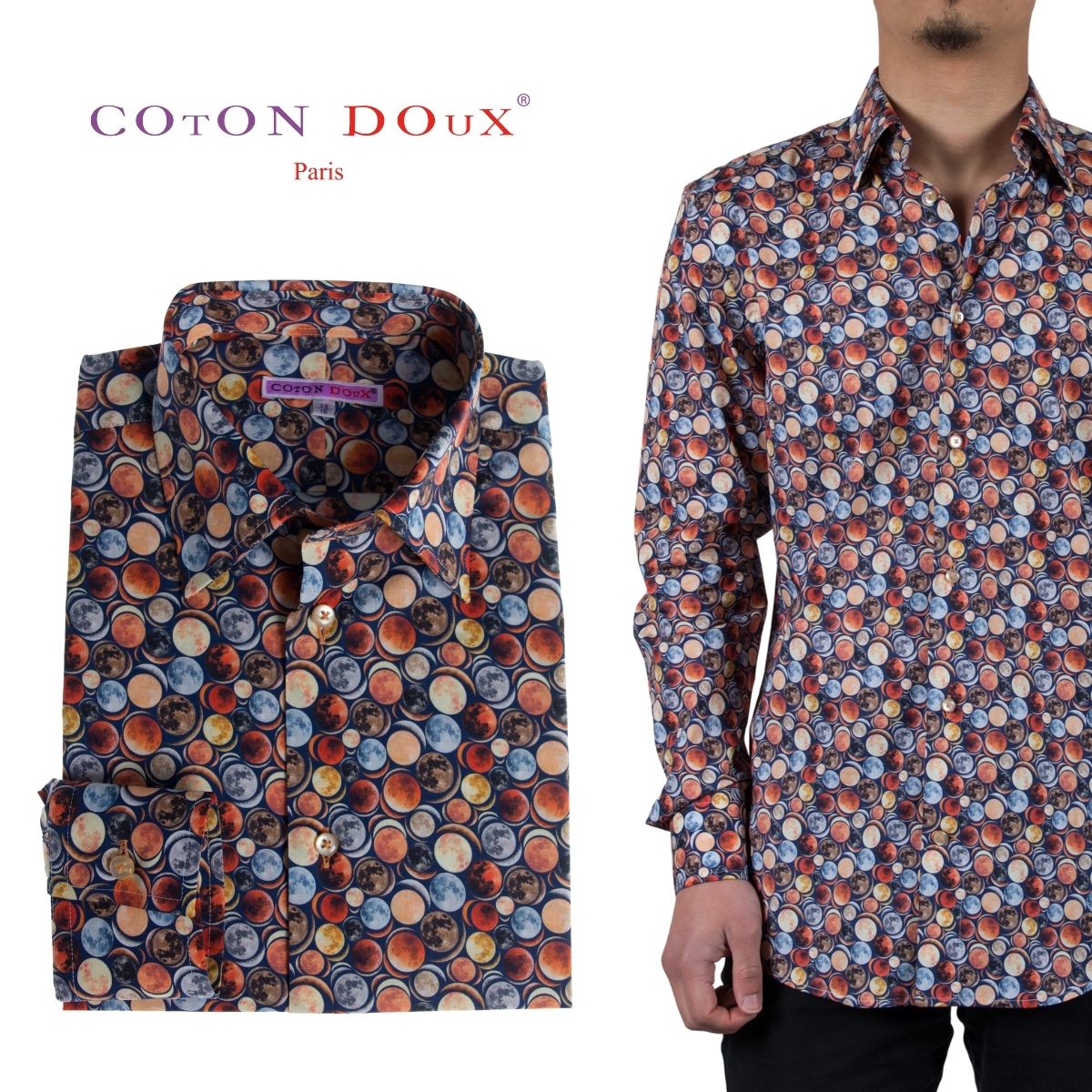 メンズ シャツ 長袖 月 ムーン 満月 上弦 下弦 宇宙 【秋のお出掛けに】フランス ポプリンシャツ 柄シャツ 大人 きれいめ セレブ レトロ プリント 総柄 ...