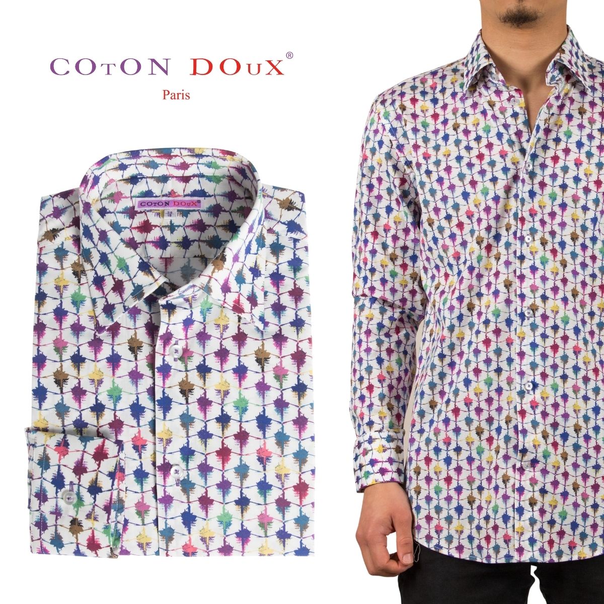 メンズ シャツ 長袖 ボートフランス ポプリンシャツ 柄シャツ 大人 きれいめ セレブ レトロ プリント 総柄 カラフル デザインシャツ カジュアルシャツ イタ...