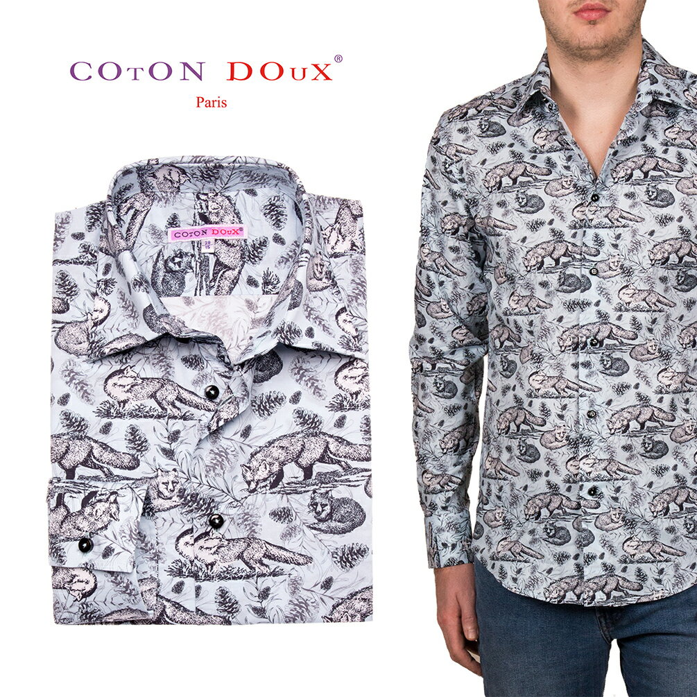 楽天コトンドゥ_お洒落柄シャツ専門店【38S・39・40】メンズ シャツ 長袖 柄シャツ 大人 きれいめ セレブ レトロ プリント 総柄 カラフル デザインシャツ カジュアルシャツ ストレッチ ノーアイロン おしゃれ 高級 派手 フォックス キツネ フランス イタリア ヨーロッパ Coton Doux コトンドゥ m01ad1809fox