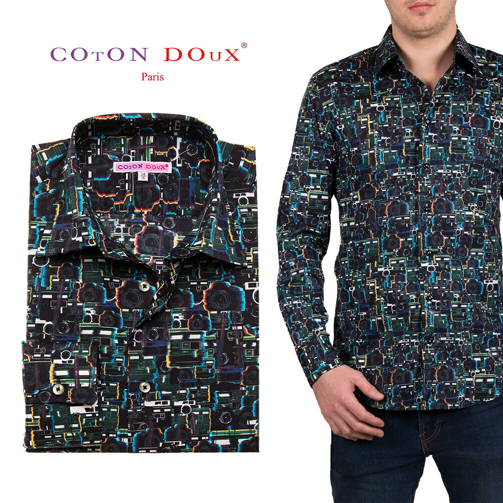 メンズ シャツ 長袖 カメラ柄 柄シャツ 大人 きれいめ セレブ レトロ プリント 総柄 カラフル デザインシャツ カジュアルシャツ ドレスシャツ ストレッチ ...