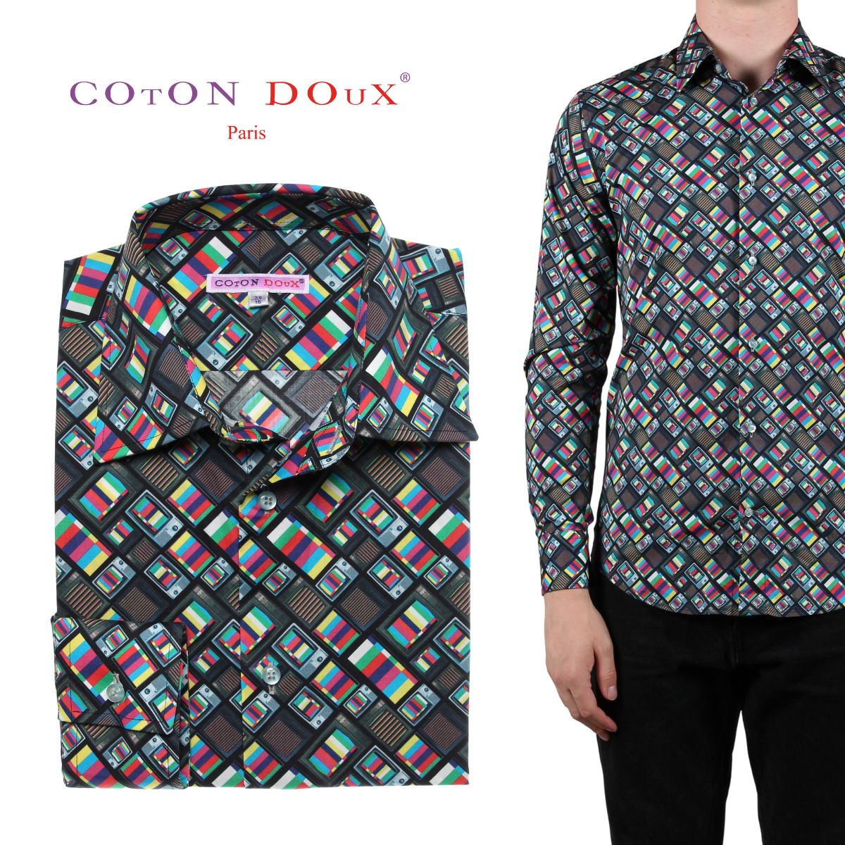 メンズ シャツ 長袖 ヴィンテージ レトロ カラーテレビ アート サイケデリック フランス ポプリンシャツ 柄シャツ 大人 きれいめ セレブ レトロ プリント ...