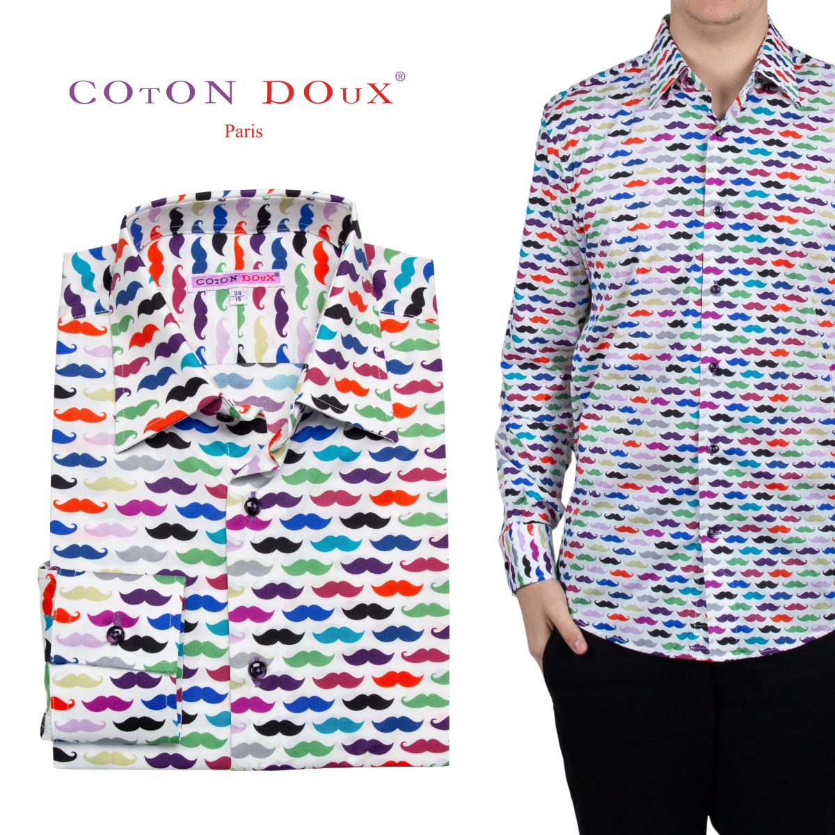 シャツ メンズ 長袖 柄シャツ カラフル ひげ 柄 髭 フランス イタリア プリント 総柄 カラフル デザインシャツ カジュアルシャツ ドレスシャツ ストレッチ...