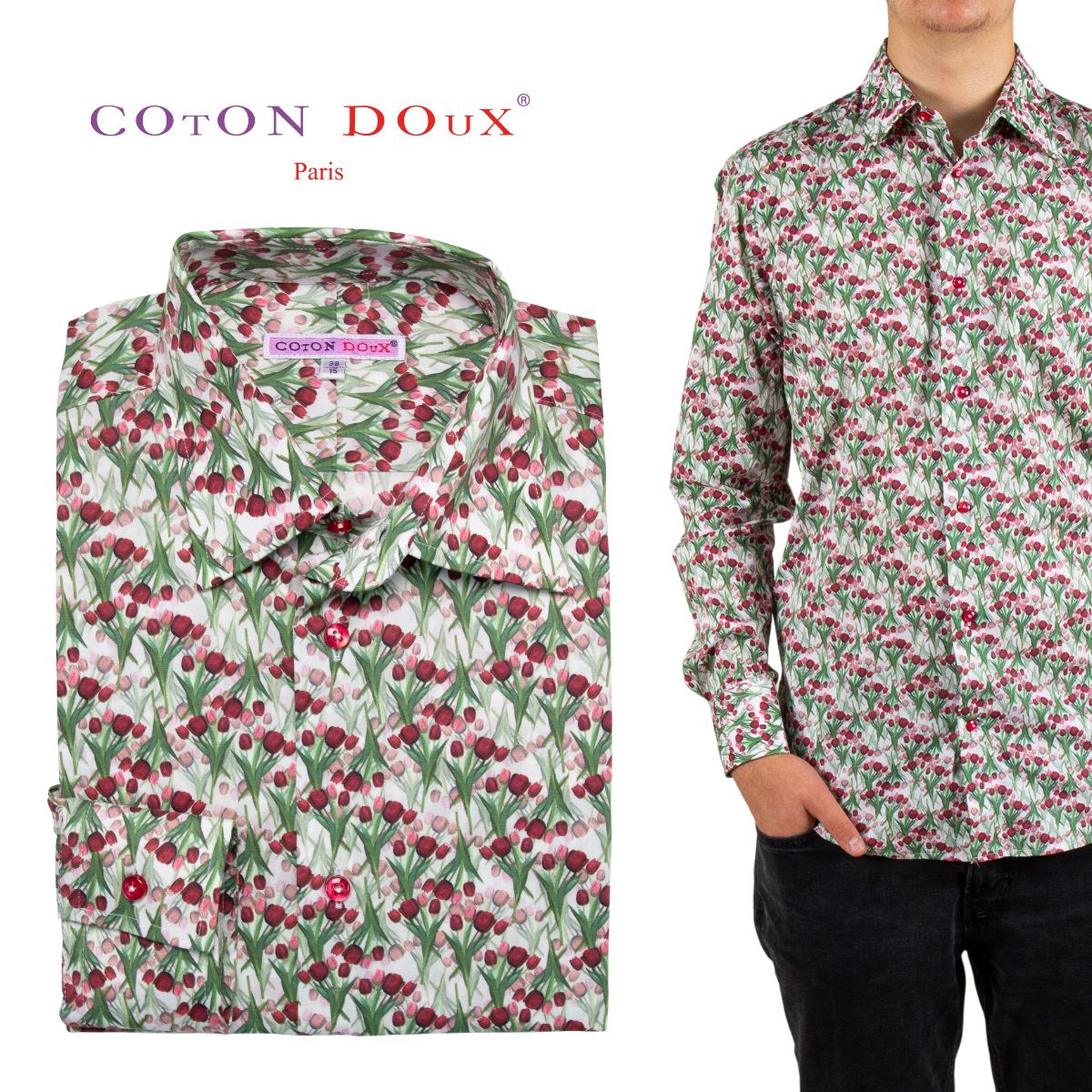 メンズ シャツ 長袖 花柄 柄シャツ きれいめ セレブ レトロ プリント 総柄 カラフル デザインシャツ カジュアルシャツ ストレッチ ノーアイロン おしゃれ 高級 派手 チューリップ フランス イタリア ヨーロッパ Coton Doux コトンドゥ m32ad2532