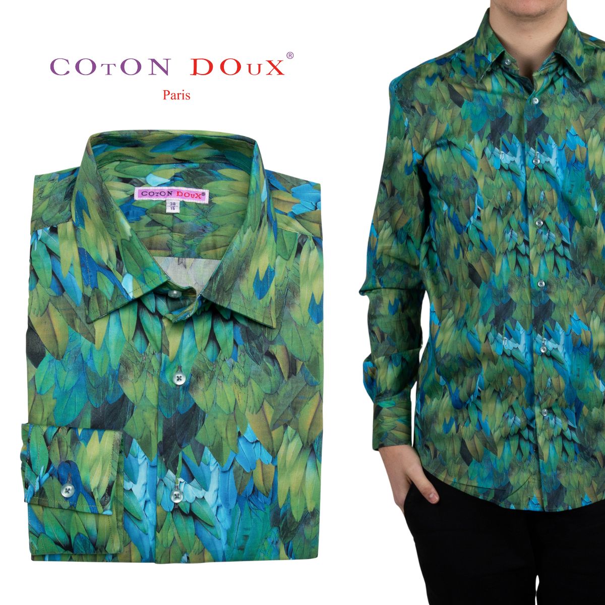 シャツ メンズ 長袖 鳥柄 緑 グリーン 羽根 【秋のお出掛けに】フランス ポプリンシャツ 柄シャツ 大人 イタリア きれいめ セレブ レトロ プリント 総柄 ...