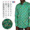 グリーン ピーコック柄 柄シャツ メンズ 長袖 シャツ 柄物 派手 フランス イタリア ブランド カジュアルシャツ 総柄 ドレスシャツ デザインシャツ 大人 きれいめ セレブ ファッション レトロ プリント お洒落 おしゃれ Coton Doux コトンドゥ m42ad2767