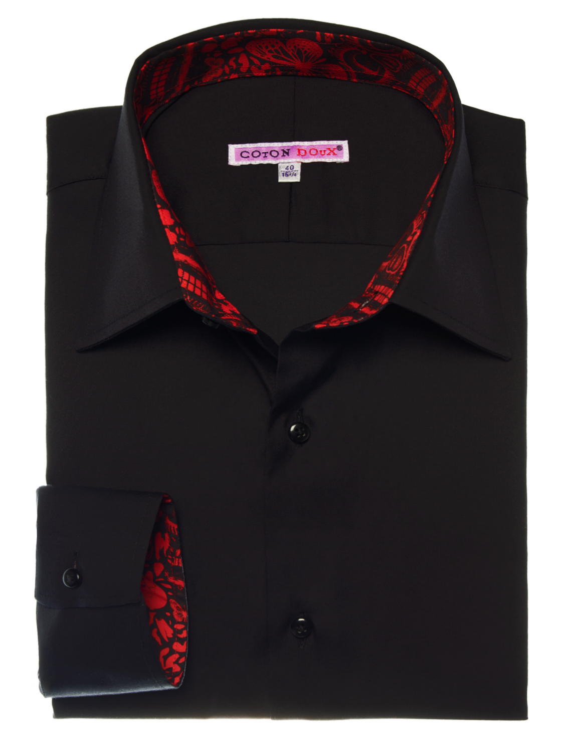 メンズ 長袖 無地黒シャツ 裏地は赤いメキシカンスカル 綿100% 総柄シャツ 派手シャツ セレブファッション お洒落大人カジュアル|CotonDoux コトン...