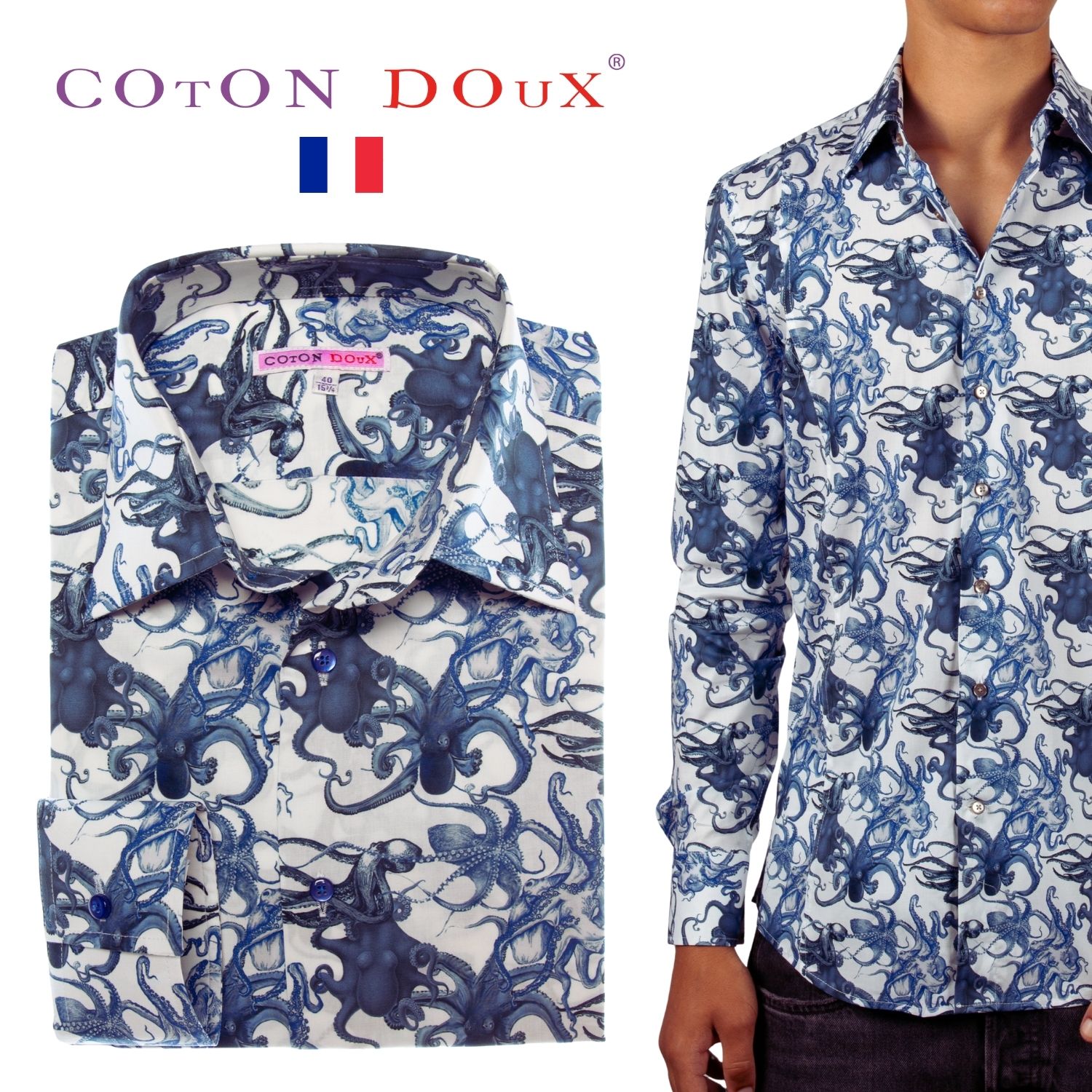 総柄シャツ メンズ 長袖 タコ柄 アニマル柄 ブルー 海 ストレッチ ノーアイロン 高級エジプト綿使用 派..