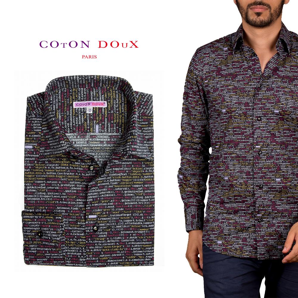 フランス ポプリンシャツ コトンドゥ メンズ 長袖 柄シャツ エジプト綿 カジュアルシャツ ドレスシャツ ノーアイロン ストレッチ 総柄 プリント セレブファッ...