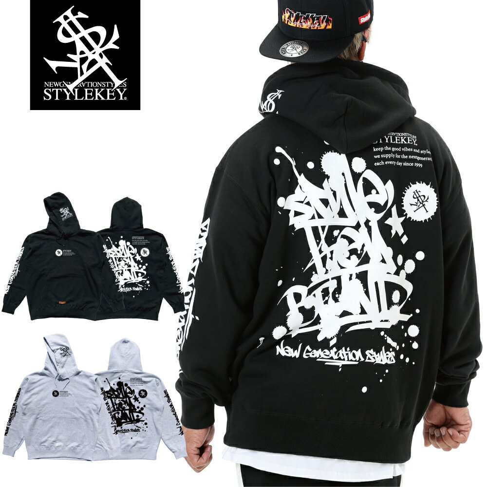 STYLEKEY(スタイルキー) スウェットパーカー SCRIBBLE HOOD SWEAT(SK21FW-SWH02) タギング グラフィック グラフィティー ロゴ 文字 手書き バックプリント フード 裏毛 プルオーバー メンズ ファッション ストリート系 ヒップホップ B系 大きいサイズ